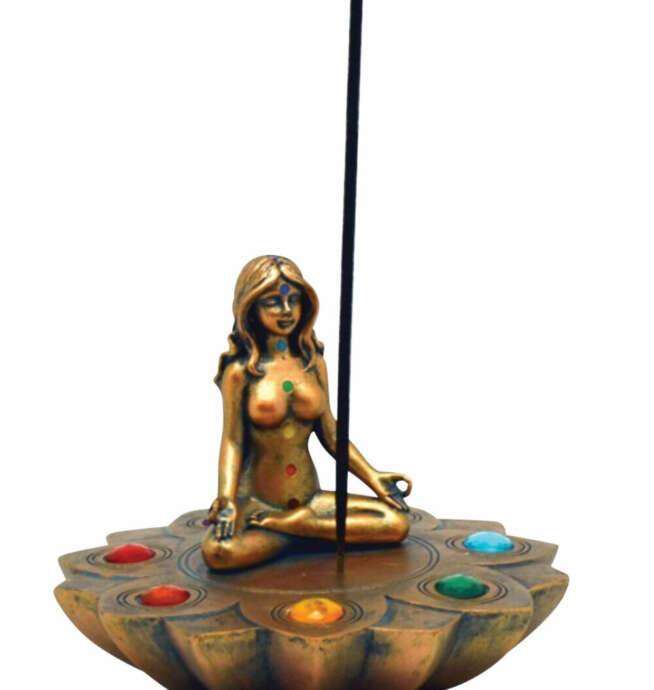 Bronze Colored Chakra Stone with Women Meditating Incense Burner