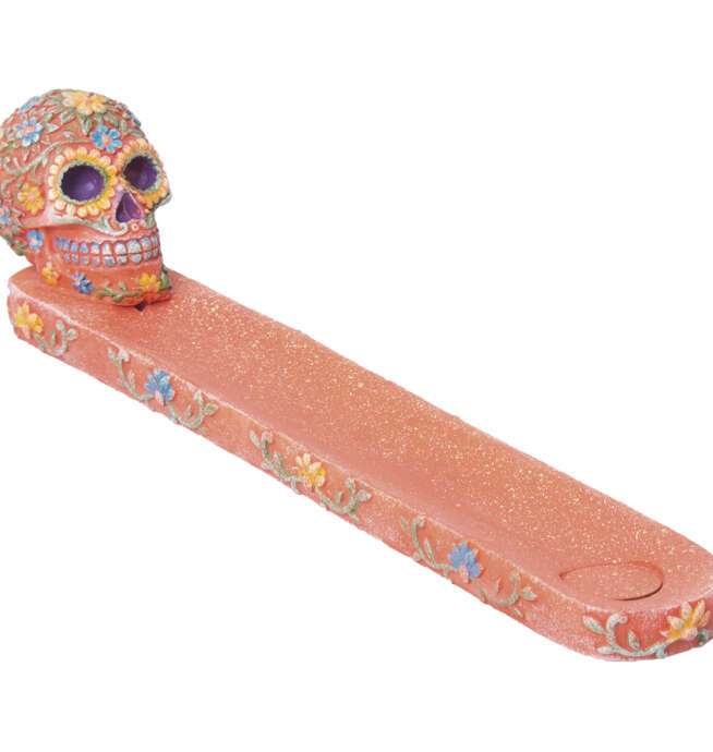 10" Flower Sugar Skull Incense Burner Orange