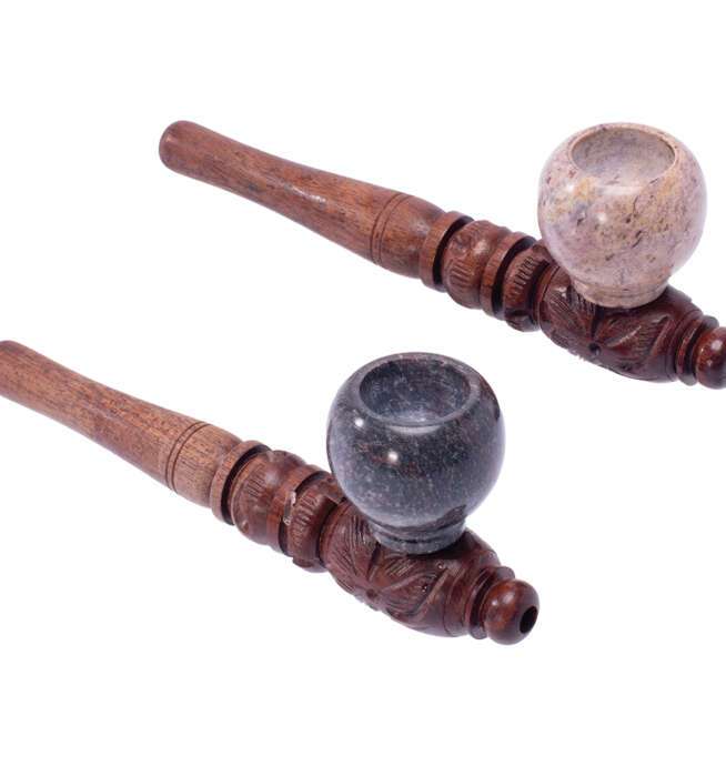 5in Carved Wooden Pipe w/Marble Bowl (Color Varies)