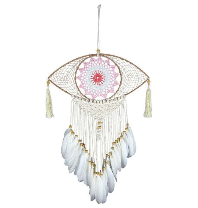 Pink and White Dreamcatcher with Crochet Eye