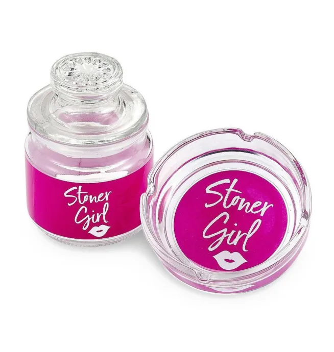 Stoner Girl Glass Stash Jar & Ashtray Set - Pink