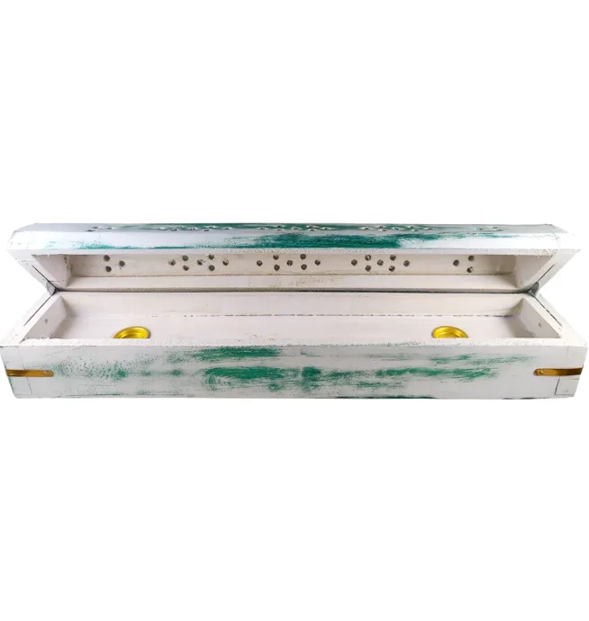 12" White Wash Wood Coffin Incense Burner - Green