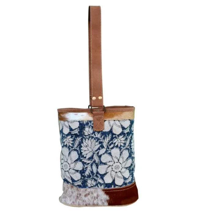 Blue Flower Double Wine Bag With Leather