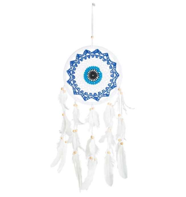 Crochet Evil Eye Dreamcatcher with Feathers and Wooden Beads