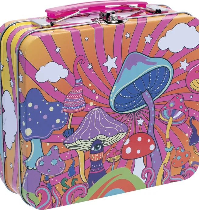 6.5in Large Tin Stash Box - Dancing Mushrooms