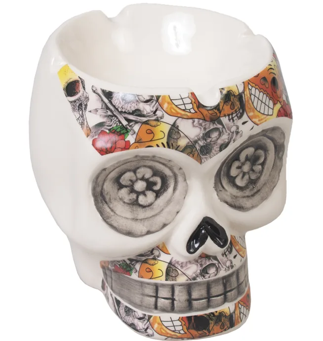 Floral Eyes Skull Shape Ceramic Ashtray