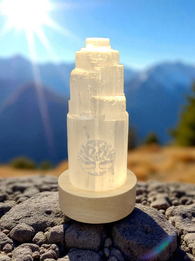4" Selenite Tower USB LED Lamp with Tree of Life Design – 2.5" Diameter x 5" Height