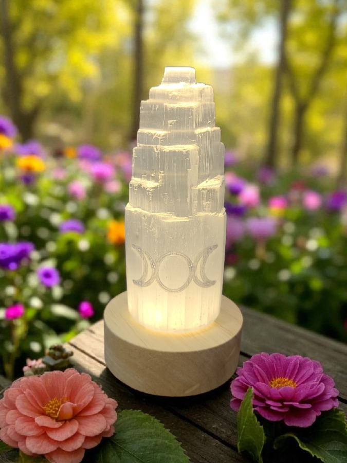 4" Selenite Tower USB LED Lamp with Triple Moon Design – 2.5" Diameter x 5" Height