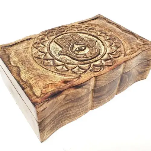 Hamsa Hand Evil Eye Carved Wood Box 9" x 6" x 2.75" High