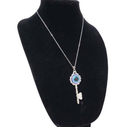 Lucky Key Evil Eye Pendant Necklace with Chain - 0.90"D