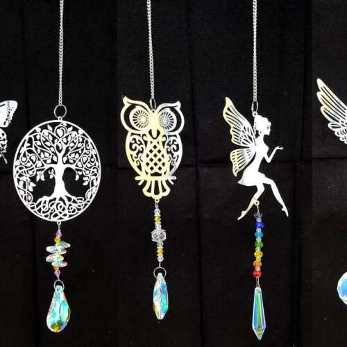 Metal Cutout Suncatchers - Tree of Life, Owl, Hummingbird, Fairy & Butterfly with Colorful Crystals (12" - 24"L)