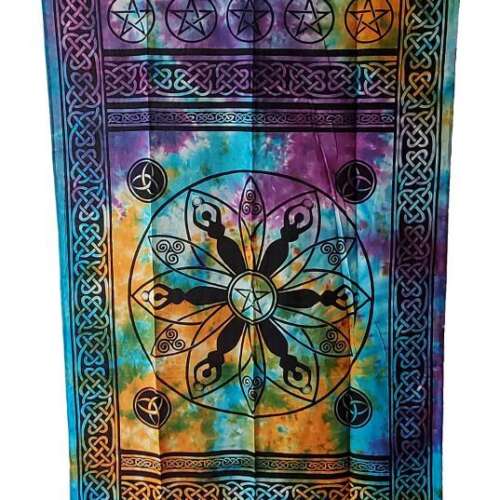 Pentagram, Triquetra & Goddess Cotton Curtain 44"x88" - Tie Dye Colors