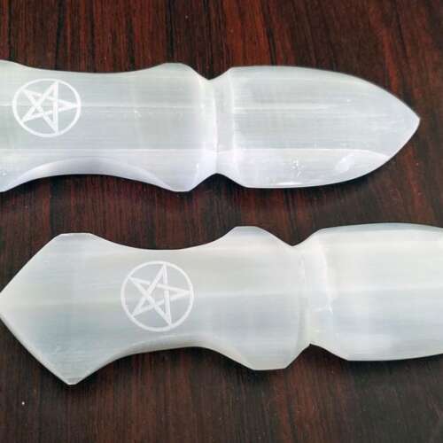 Selenite PENTAGRAM Carved Altar Athame 8" (2 pc)