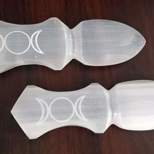Selenite TRIPLE MOON Carved Altar Athame 8" (2 Pc)