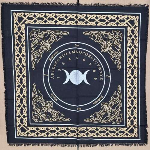 Triple Moon Altar Cloth/Ouija Board Silver & Gold Print on Black 24x24"