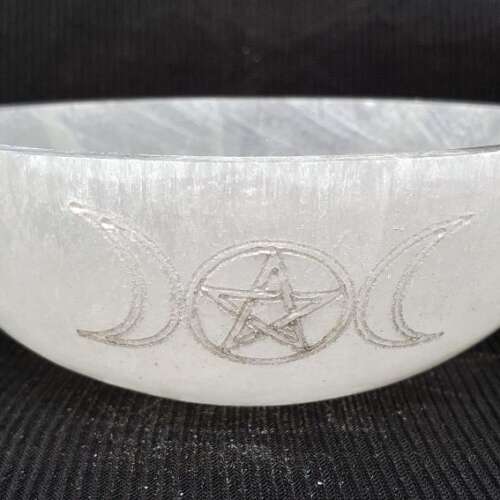 Triple Moon Pentagram- White Selenite Bowl 3.5"-4" Diameter
