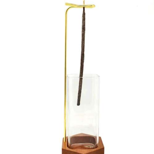 Upside Down Incense Holder with Wooden Base and Glass Ash Catcher (3.75" W x 11" H)