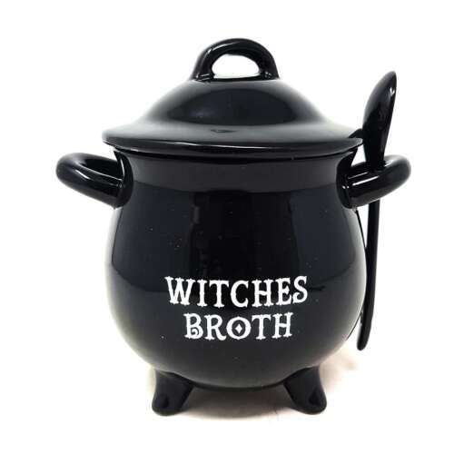 Witches Broth Black Ceramic Pot with Spoon 6"L x 6"H