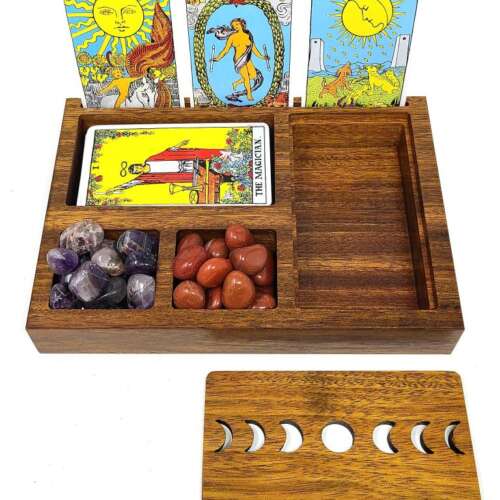 Wooden Tarot Card Holder with Moon Phase Lid Design Storage & Sectionals 9.5"Lx6.75"Wx1.5"H