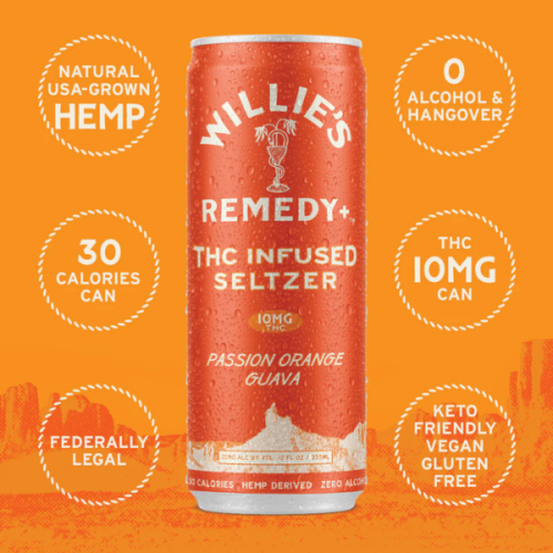 Willie’s Remedy+ – 10mg THC Infused Seltzer – 4ct Box - Passion Orange Guava