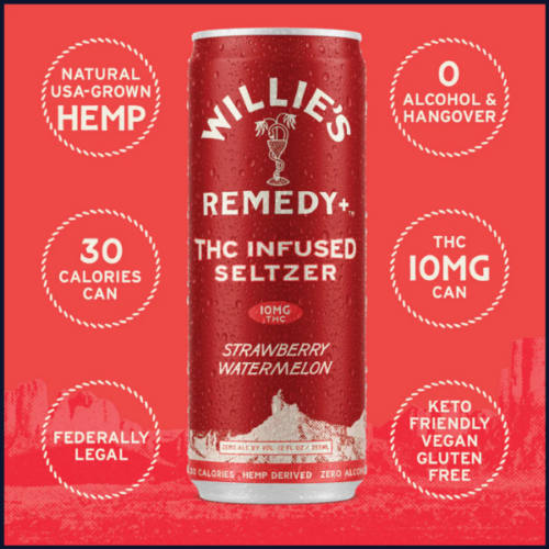 Willie’s Remedy+ – 10mg THC Infused Seltzer – 4ct Box - Strawberry Watermelon