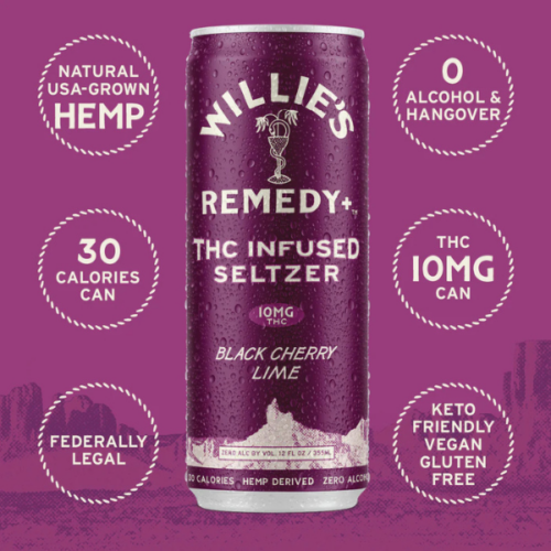Willie’s Remedy+ – 10mg THC Infused Seltzer – 4ct Box - Black Cherry Lime