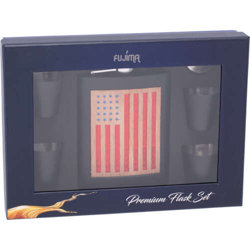 8oz US Flag Matte Black Stainless Steel Flask Set