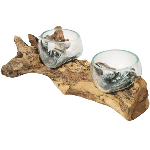DOUBLE SMALL MOLTEN GLASS BOWLS ON DRIFTWOOD